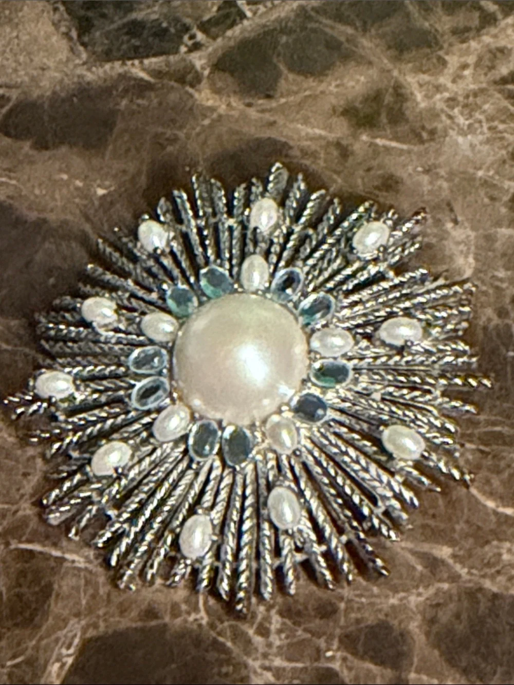 Talbots sunburst silver tone with white pearls and lice blue crystals large
